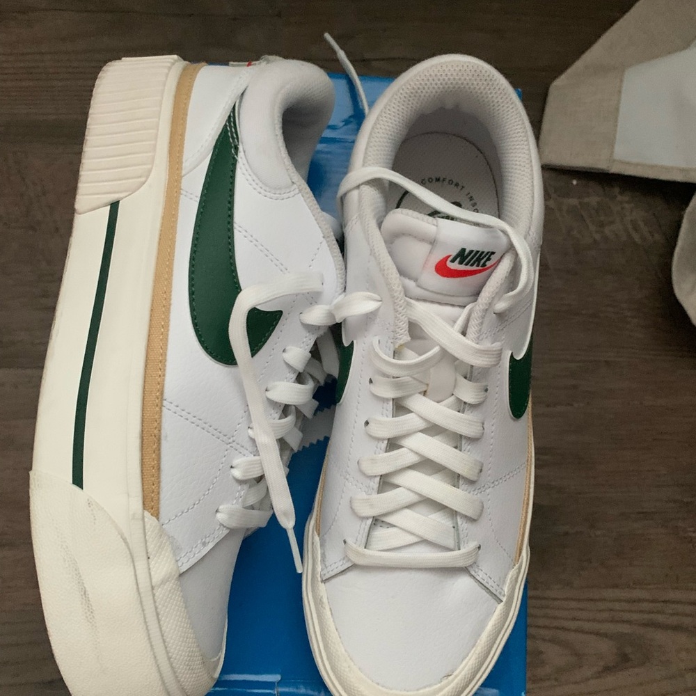 Nike Court Legacy Lift Platform White and Green Sneakers with Tan Accents - Picture 4 of 7